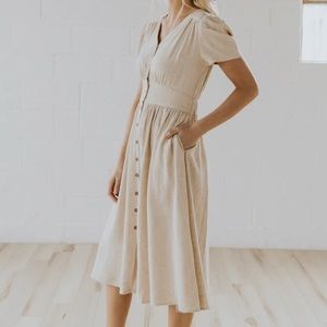 Roolee “The Murphy” Cream Button Down Short Sleeve Linen Dress With Pockets